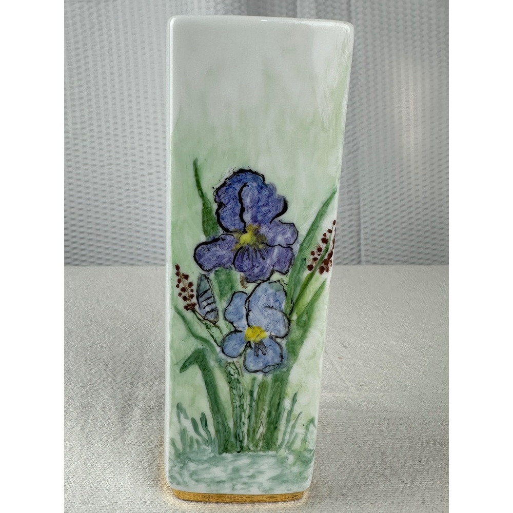 Hand Painted Porcelain Vase Signed K Thrush 1995 Floral Iris Design Gold Trim 8"
